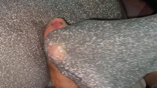 Footjob shine black pantyhose