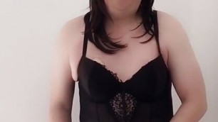 Sexy Crossdresser - Sissy - Transvestit naked in black Lingerie & Stockings stroking her cock - Nicki-Crossdress